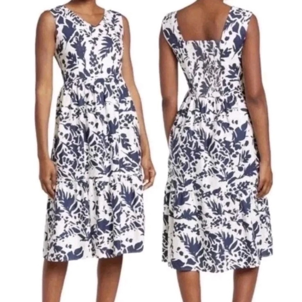 Magaschoni Womens 6 Bold Shadow Fauna Linen Blend Smocked Midi Dress Blue White